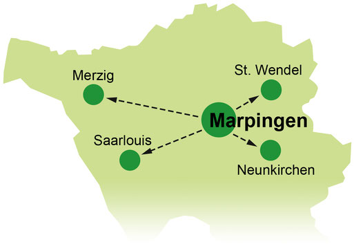 Ein Landkartenausschnitt mit den Orten Marpingen, Tholey, Oberthal, Namborn und Sankt Wendel wird dargestellt