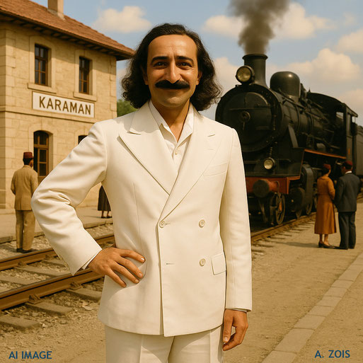This AI image shows Meher Baba at Karaman Railway station having a brief stop on his way to Instanbul and Europe. Image created by Anthony Zois.
