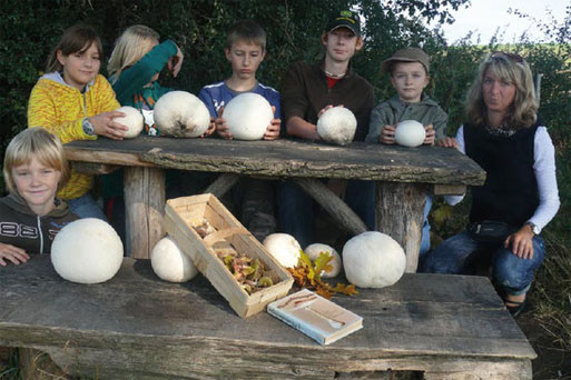 Die Pilzsucher mit ihren Riesenbovisten. Foto: NABU Plaußig