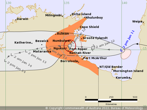 Forecast track map of Tropical Cyclone Tiffany (11/01/2022). from www.bom.gov.au.