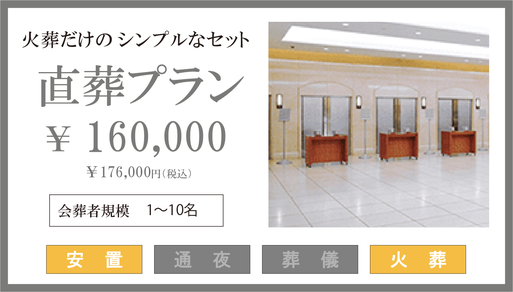 直葬プランの内容です。プラン価格は160,000円ですが、プランに含まれるものと、含まれないものを確認する必要があります。