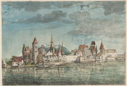 Innsbrucker Stadtansicht von Albrecht Dürer mit Patscherkofel und Glungezer-Sonnenspitze, um 1494 (Albertina)