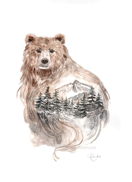 Bär, Wald, bear, forest, Braunbär, Naturmotiv, Tattoo, Entwurf, Design, Aquarell, Illustration, contemporary art, zeitgenössische Kunst, spirit, wolf art, goose watercolour, watercolor