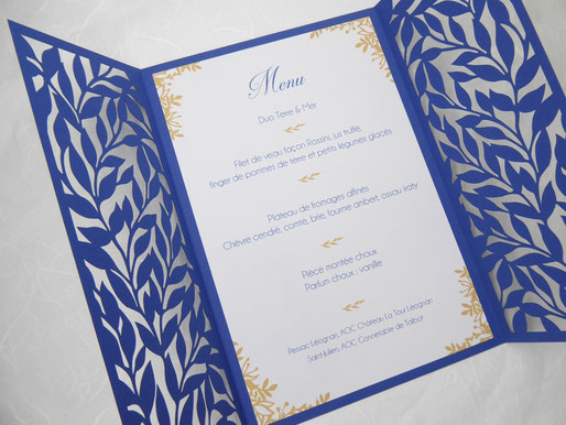 Menu de table de mariage en découpe laser ciselée motif rameaux