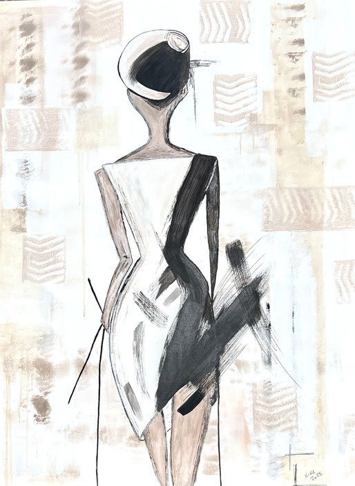 Peinture contemporaine, représentant une femme de dos, portant un chapeau et tenant, deux bâtons, marchant vers l'arrière.Ton beige, blanc, noir. Atmosphère, douce et introspective, œuvre acrylique, originale de Nine, artiste, peintre à Trans en Provence