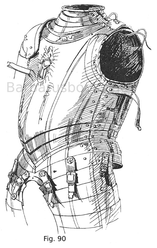 Brust mit Kragen, Bauchreifen und geschobenen Beintaschen mit in goldgeätzten Zügen und figuralen Darstellungen. Der Rüsthaken ist in das Bruststück zurückzuschieben. Von einem Harnisch Kaiser Karls V. den derselbe 1546 vor Ingolstadt getragen hatte. Deut