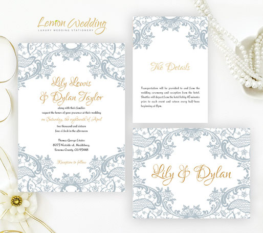 Silver lace wedding invitations