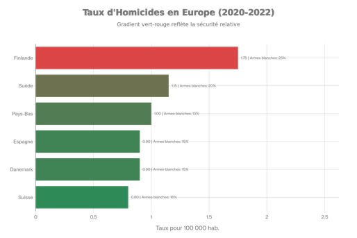 Comparaison des taux d'homicides en Europe (pour 100 000 habitants) et proportion d'armes blanche