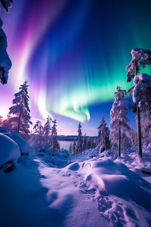 Aurora borealis over frozen Koirajärvi lake in Ranua