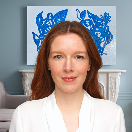 female-artist-standing-in-front-of-her-large-blue-acrylic-painting-at-a-hamburg-gallery