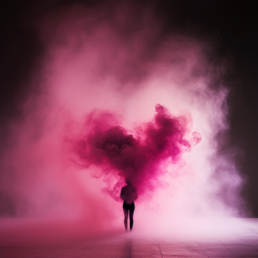 ein Bild einer Person, die in einem rosafarbenen Herzen aus rosafarbenem Rauch geht, im Stil des dunklen und grüblerischen Designs, traumhafte Installationen, dunkelgrau und purpurrot, romantische Emotionen, lebendig, weicher Fokus
