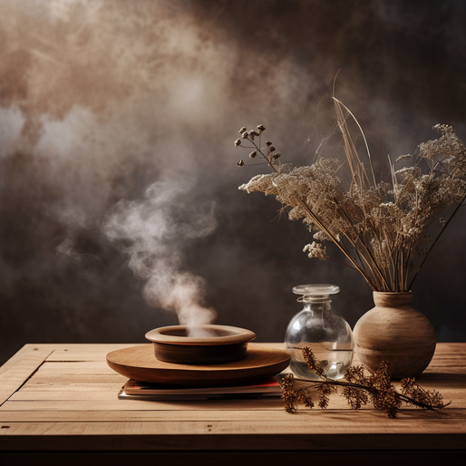 Auf einem hellen modernen Holztisch steht eine Räucherschale aus Keramik auf einem kermaik Teller, es steigt Rauch daraus auf, daneben steht eine Glas Vase mit Deckel und eine braune Vase mit getrockneten Blumen, schwarzer Hintergrund