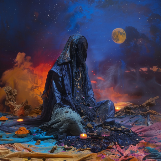 Eine Person gekleidet in dunkelblauen umhängen und mit verhülltem Gesicht sitzt auf dem boden umgeben von tüchern kerzen und magischen Pulvern, hinten ist ein Himmel in versch. Farben zu sehen mit Vollmond