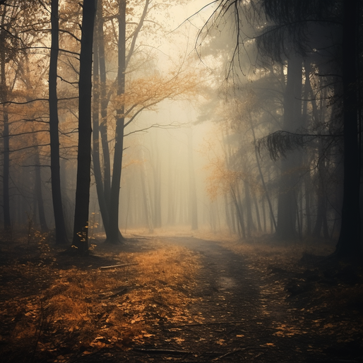 Ein Waldweg der in einen nebligen Herbstwald hinein führt, auf dem Boden liegt gelbes Laub, die Bäume sind ohne Bläter oder tragen gelbe Bläter