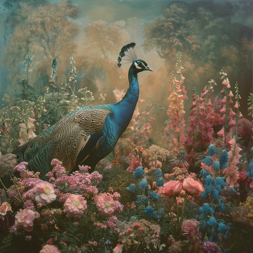 Ein photo von einem wunderschönen pfau, er schaut nach rechts, man sieht ihn seitlich, er ist umgeben von wunderschönen blühenden Blumen und einer gezeichneten Wald Tapete, in gedeckten Farben Vintage Stil