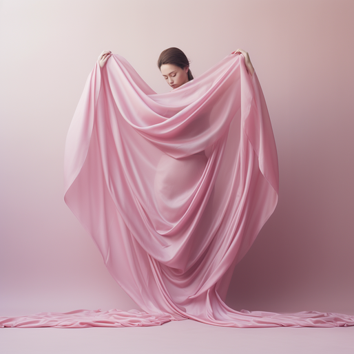 Eine junge Frau hält ein rosa tuch in form eines herzen hoch, im Stil fotorealistischer Kompositionen, Einfachheit, monochromatische Farbpaletten, aufwändige Drapierung, koloriert, großformatige Fotografie, elegant formell