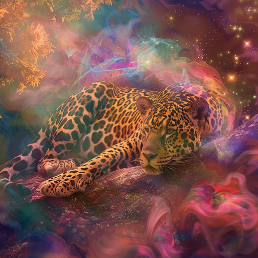 Ein Jaguar liegt gemütlich auf einem Ast, mit seiner Pfote nach vorne ausgestreckt, um ihn herum sind farbige Lichtschwaden oder farbiger Rauch zu sehen