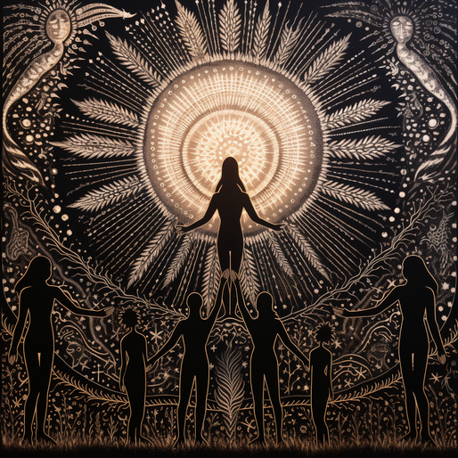 eine Zeichnung von Menschen in der Nähe der Sonne in der Wüste die eine Frau hoch heben, im Stil von dunklem Schwarz und Bronze, weiblicher Ermächtigung, Götterstrahlen, großen Leinwandgemälden, beruhigender Symmetrie