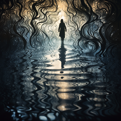 Eine schwarze Silhouette einer Frau die auf dem Wasser wandelt umgeben von schwarzen Spiralen in Energieform