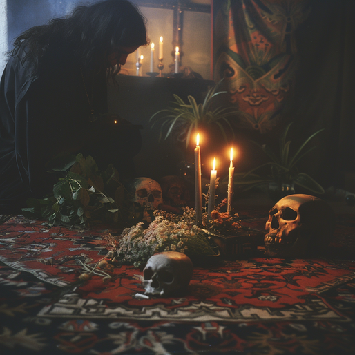 Ein Mann mit langen schwarzen Haare sieht man von der Seite wie er gebeugt vor Kerzen, Blumen, pflanzen und Totenköpfen sitzt, auf einem rot verzierten Teppich, im Hintergrund sind Pflanzen, kerzen und Vorhänge zu sehen