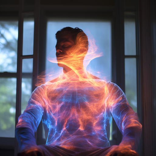 Ein Mann in einer Yoga-Pose mit Flammen, die über seine Haut strömen, im Stil der technologischen Fusion, hellorange und azurblau