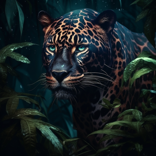ein dunkler Dschungel mit Jaguar-Savannen, im Stil hyperrealistischer Tierillustrationen, Tiefenschärfe, dunkles Cyan und helle Bronze, starker Gesichtsausdruck, Nocturne, geheimnisvolle Symbolik