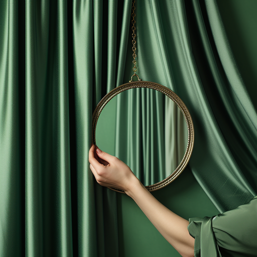 Frau hält einen Spiegel mit grünen Vorhängen und Spiegelung darum herum, im Stil raffinierter ästhetischer Sensibilität, metallisch, stimmungsvolle Farbschemata, witzige Vignetten, organisches Material, Maximalismus, minimale Retusche
