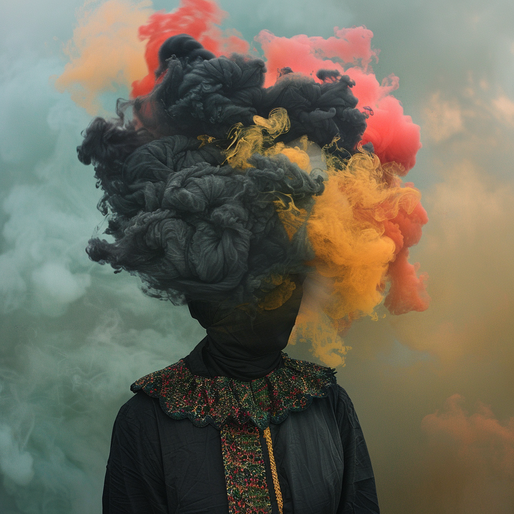 Eine Person mit schwarz verhülltem Gesicht und einem schwarzen Oberteil verziert mit auffäligem Kragen und einem Streifen mit Stickereien, um den Kopf sind Rauchwolken in schwarz, rot und gelb, hintergrund ist rauchig grün und dezenter himmel mit wolken