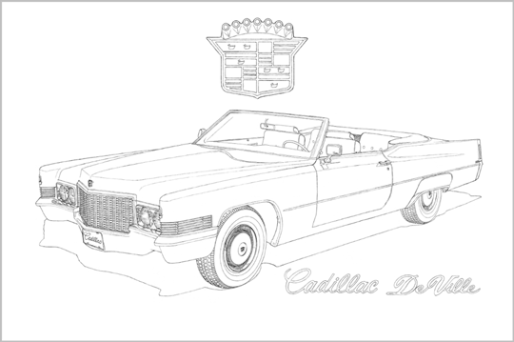 Le dessin au crayon de la Cadillac Deville décapotable 1971 fait sous la forme linéaire