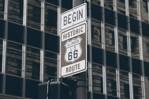 Route 66 Schild, Start in Chicago, Straße, Koordinaten