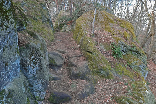 Auf schroffen Felsen wächste Moos. Ein schmaler Weg führt über Steinstufen zwischen Felsbrocken hindurch.