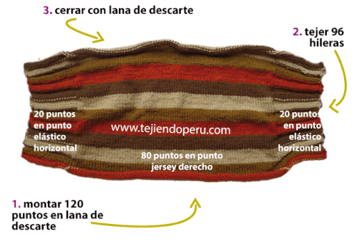 cartera con borde en punto elástico horizontal tejida en dos agujas o palitos