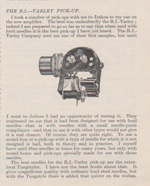 R.I & Varley pickup review by Percy Wilson, From The Gramophone magazine  November 1928