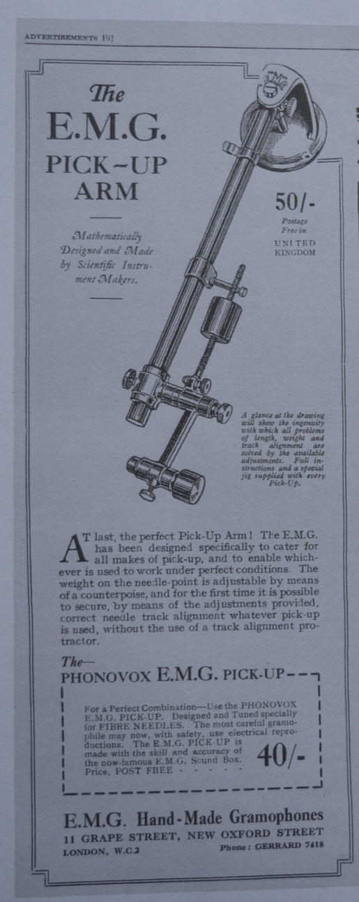 E.M.G Advert for the "Phonovox E.M.G" Pickup. C. 1929