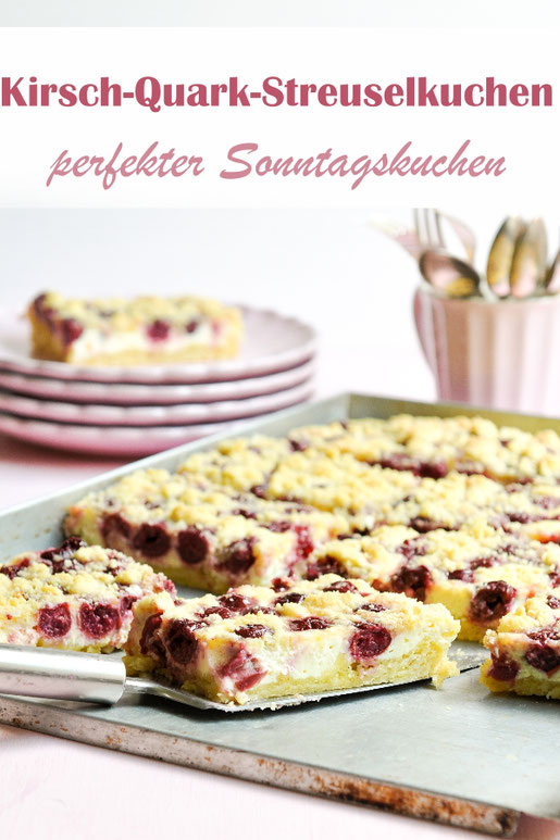 Kirsch Quark Streuselkuchen, perfekter Sonntagskuchen, vegan möglich, z.B. aus dem Thermomix, oder auch auf dem Kuchenbuffet zu Ostern, zum Geburtstag, Sommerfest, Schulfest, etc.