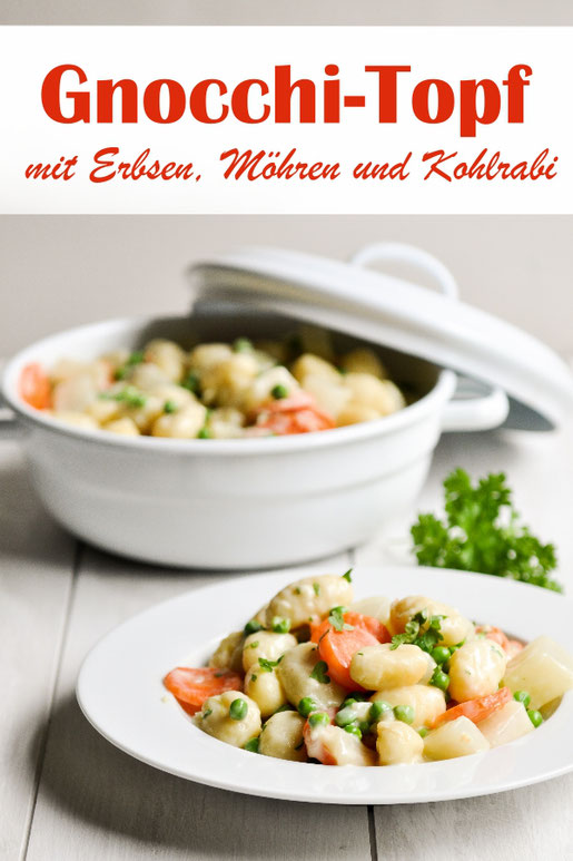 Gnocchi Topf mit Erbsen, Möhren und Kohlrabi, aus dem Thermomix all in one Gericht, vegetarisch, vegan möglich