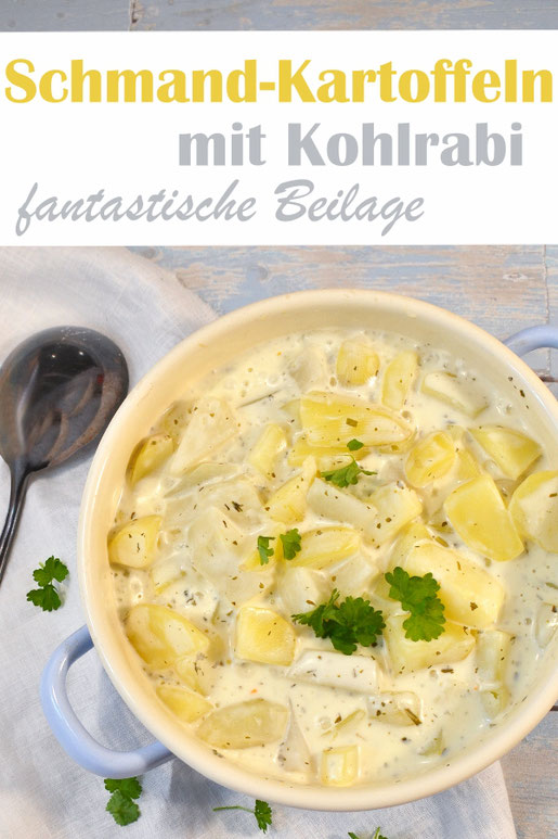 Schmandkartoffeln mit Kohlrabi, eine großartige Beilage, schmeckt der ganzen Familie, besonders Kindern, dazu passen Würstchen oder Frikadellen etc. All in One Thermomix 