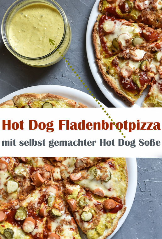 Fladenbrot Pizza "Hot Dog Style" mit selbst gemachter Hot Dog Soße, vegetarisch, vegan machbar, Soße aus dem Thermomix