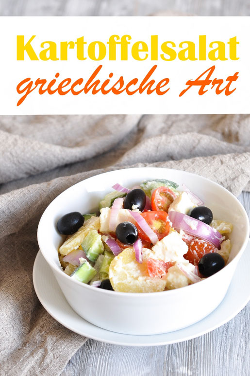 Kartoffelsalat mal anders, griechische Art, mit Gurken, Tomaten, Paprika, Feta, Oliven, Zwiebeln mit Joghurtdressing