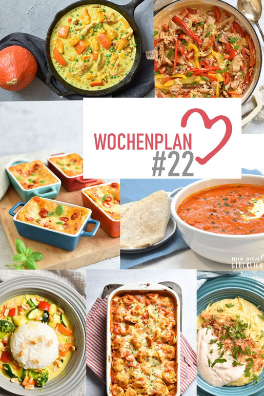 Was soll es die Woche bloß zu essen geben? Ich habe dir hier eine ganze Woche an leckeren Rezepten zusammengestellt - du kannst sie alle vegan oder vegetarisch kochen - der mix dich glücklich Wochenplan für den Thermomix - Nummer 22