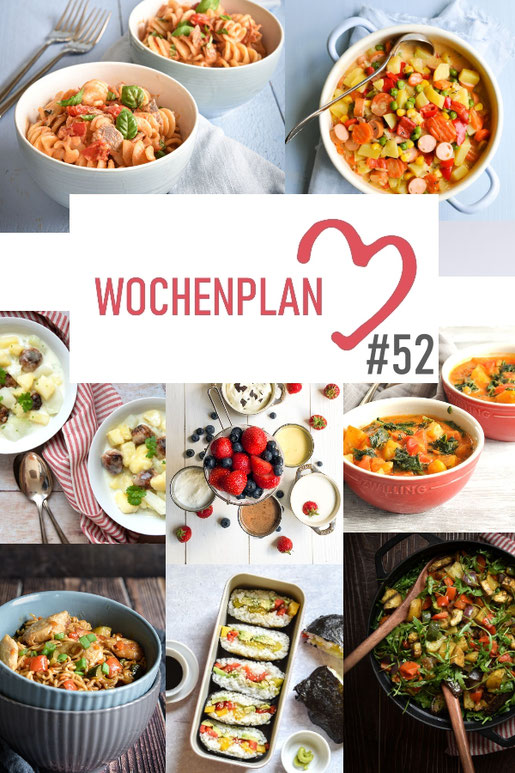 Was soll es die Woche bloß zu essen geben? Ich habe dir hier eine ganze Woche an leckeren Rezepten zusammengestellt - du kannst sie alle vegan oder vegetarisch kochen - der mix dich glücklich Wochenplan für den Thermomix - Nummer 52