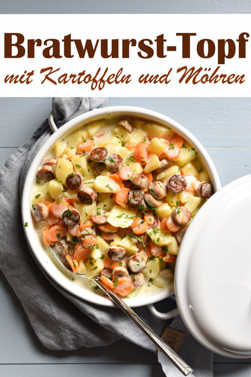 Bratwurst-Topf mit Kartoffeln und Möhren aus dem Thermomix, einfach zu machen, Familienküche, vegetarisch, vegan machbar, Mittagessen