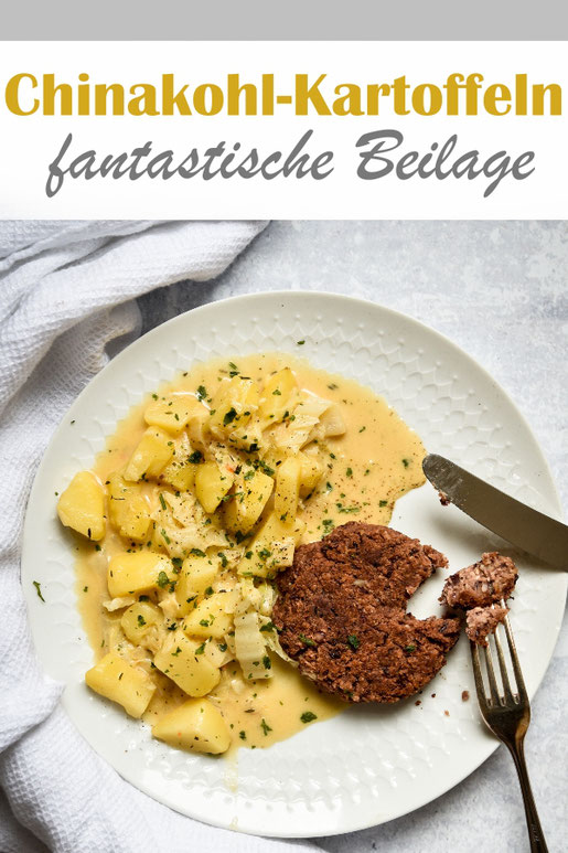 Chinakohl Kartoffeln gegart in Gemüsebrühe mit Sahne, Thymian, Paprikapuler mit vegetarischer Frikadelle aus Kidneybohnen, vegan möglich