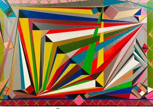 Abstraktes, geometrisches Kunstwerk mit leuchtenden, strukturierten Farbflächen. Titel: „GEODÄTE“ von Floydart – symbolisiert die Vermessung des inneren Selbst durch präzise Formen und Farbschichten.