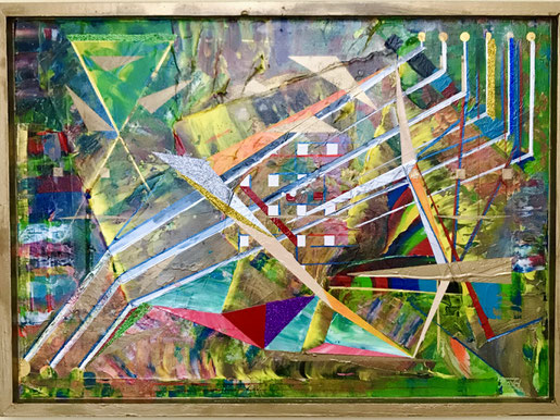 Ein Werk mit unzähligen schichten von unterschiedlichen Mischungen aus Acrylfarben und Lacken. Leinwand und Holzrahmen in vielerlei Färbung.