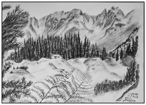 Kohlezeichnung der Stutzalp in Klosters.