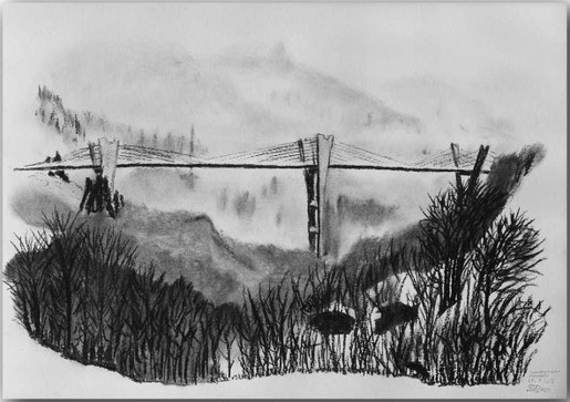 Kohlezeichnung der Sunnibergbrücke in Klosters.