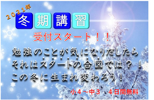 2021年冬期講習受付中！！バナー　木々に雪が積もり、雪の結晶が光っている画像｜勉強のことが気になりだしたらそれはスタートの合図では？！この冬に生まれ変わろう！｜小４～中３　４日間無料