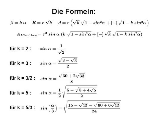 5 fünf quadrierbare Möndchen des Hippokrates mit Formeln