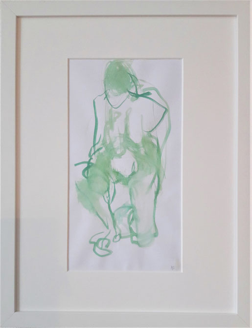 Knieende grün  Aquarell               von Maya Franzen            Vollholzrahmen weiß  30 x 40 cm            Nr. 14 Ausstellung "Befreiungsakt"